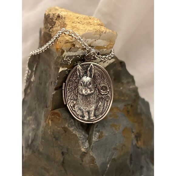 EASTER SILVER BUNNY RABBIT Locket Necklace JEWELRY Pendant PHOTO Picture Wife - Picture 2 of 6